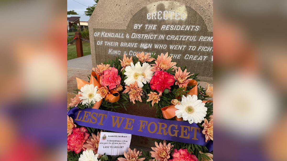 One of the wreaths laid at the Kendall war memorial during the Anzac Day dawn service, 2023. Picture by Chantelle Ansell