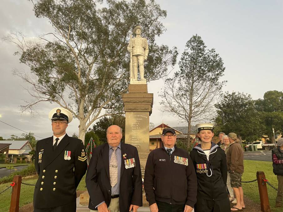 Aaron Gill, Lance Gainey, Glen Webster and Taylah Gill at the dawn service in Kendall. Picture by Chantelle Ansell
