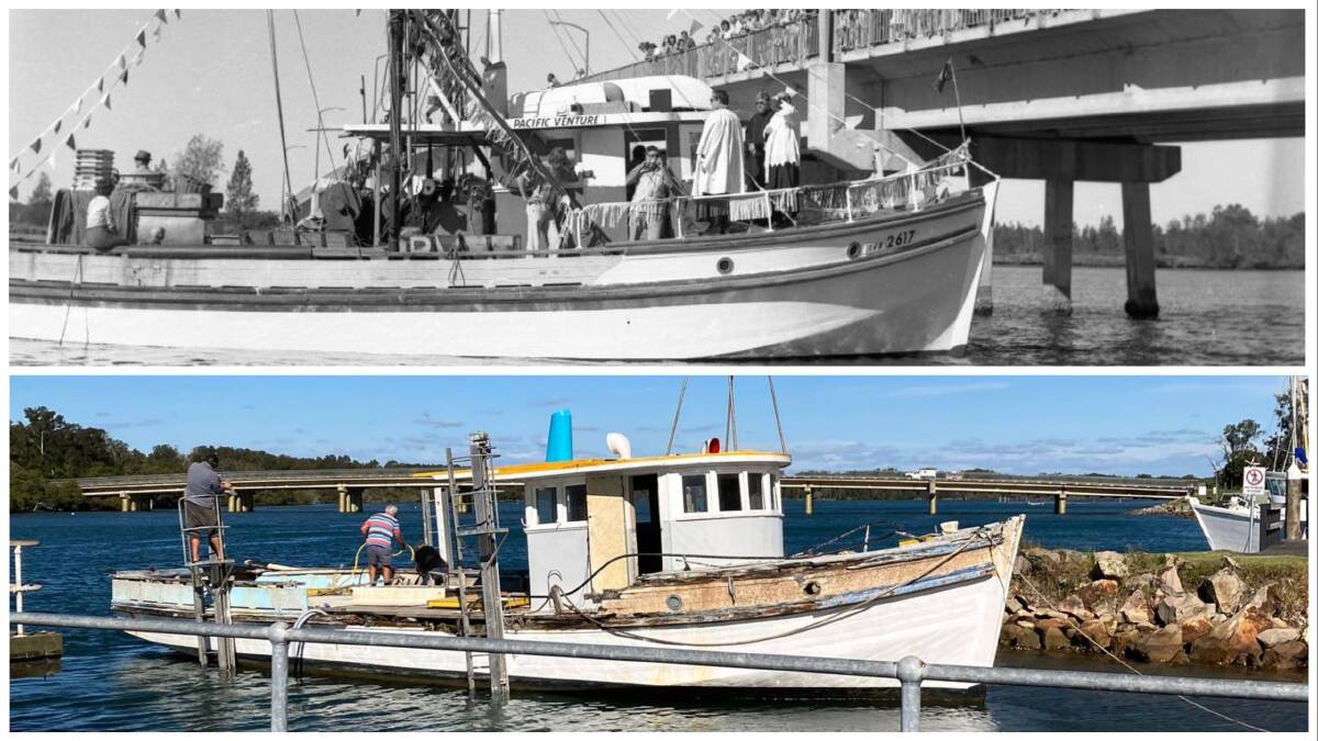 The Pacific Venture has been an integral part of Laurieton's history for 60 years (top picture supplied by Port Macquarie Museum). The vessel was towed to Laurieton for a restoration project on Monday, May 8 (bottom picture supplied by Carolyn Dobson). 