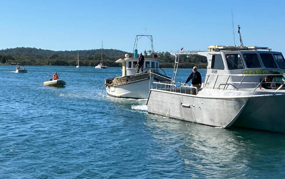 The Pacific Venture has been based at the Dunbogan Boatshed for years but was towed to Laurieton to kickstart repairs on Monday, May 8.Picture by Carolyn Dobson. 