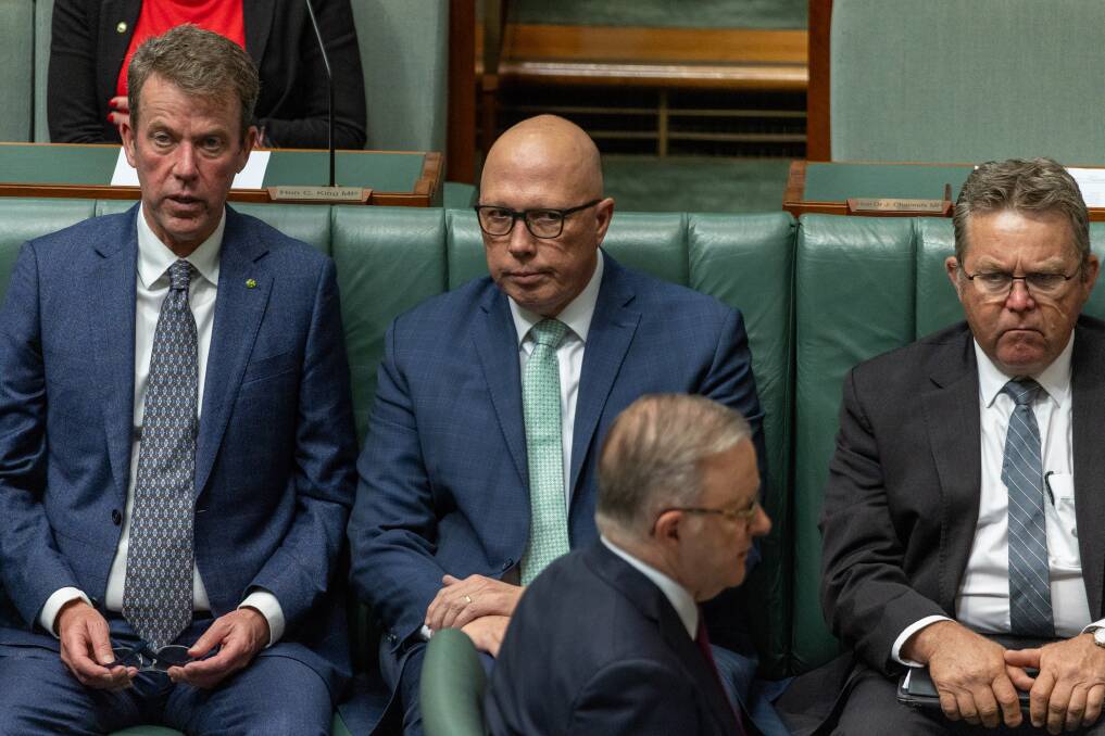 Peter Dutton, middle, with his eye on Prime Minister Anthony Albanese's chair. Picture by Gary Ramage
