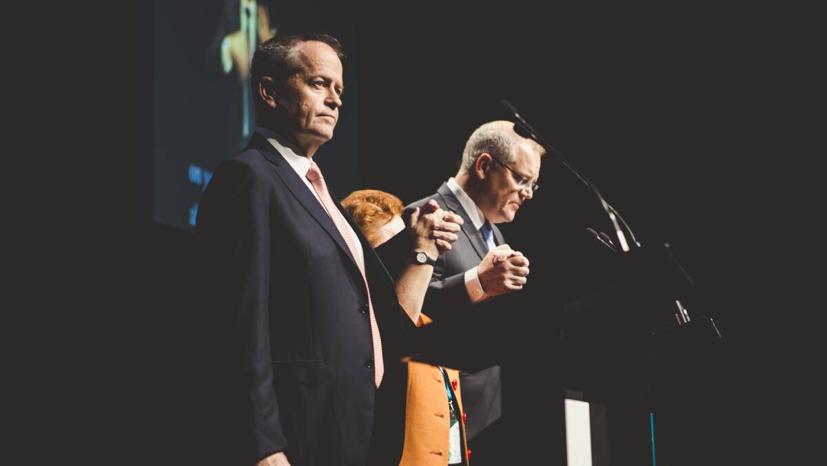 Then opposition leader Bill Shorten and prime minister Scott Morrison deliver the national apology to child sex abuse survivors. Picture by Jamila Toderas